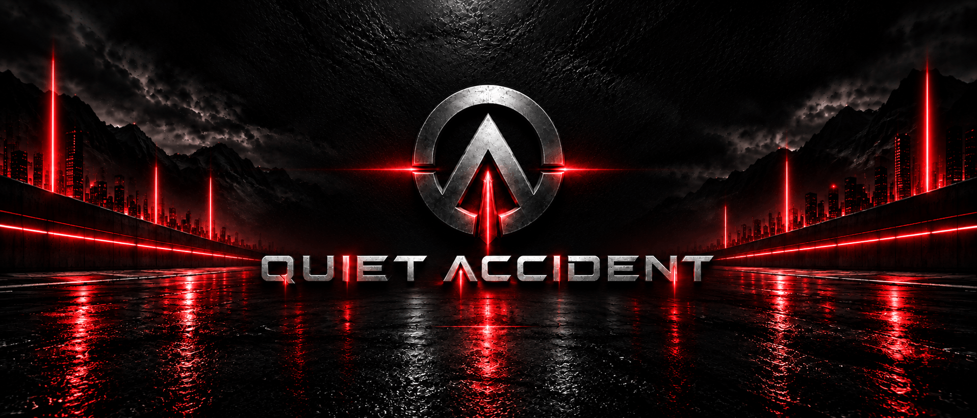 Quiet Accident metallic emblem above a dark city road illuminated by red light